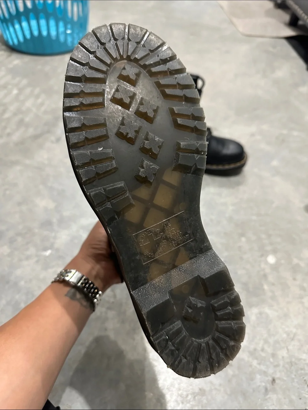 Dr. Martens Black Leather Lace-Up Buckle Combat Boots with Yellow Stitching - Picture 2 of 4